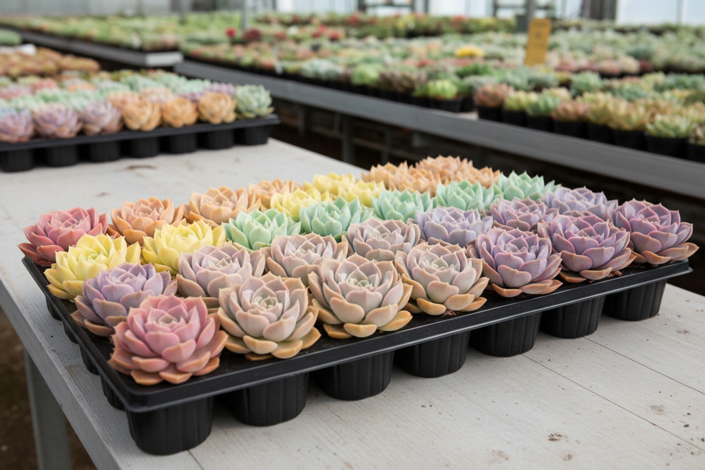 24 succulent trays with pastel rosettes in rainbow colors