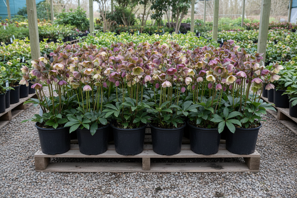 20 hellebore one-gallon plants on pallet with nodding buds