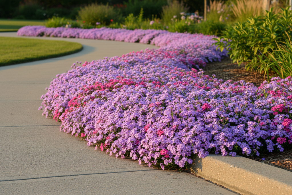 Verbena trailing along sidewalk edge with summer blooms
