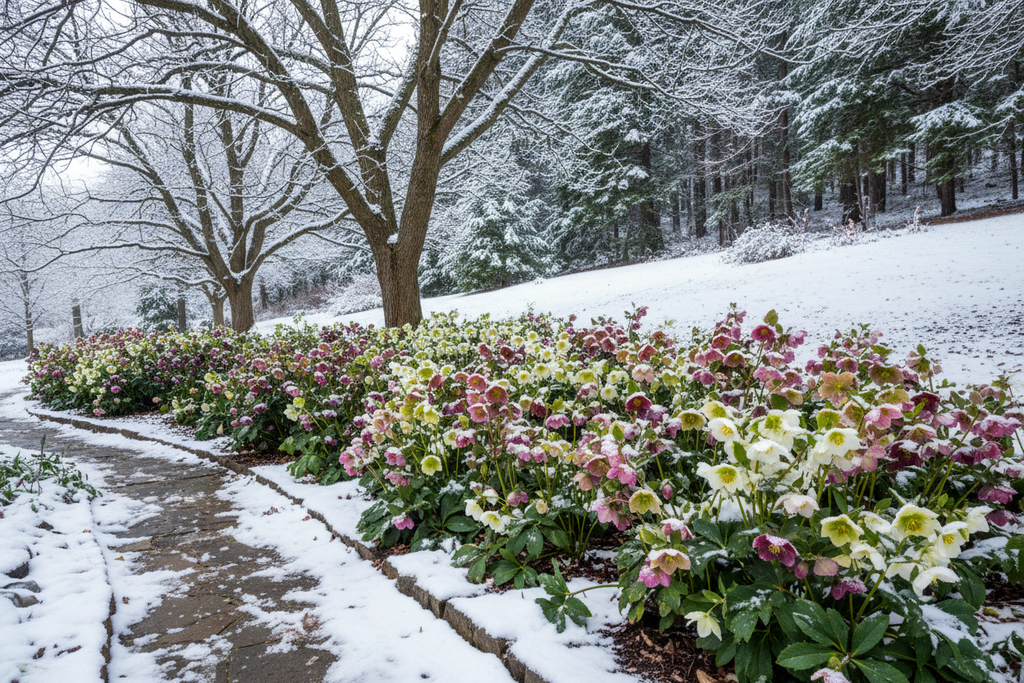 Shade border with hellebores blooming in winter with snow
