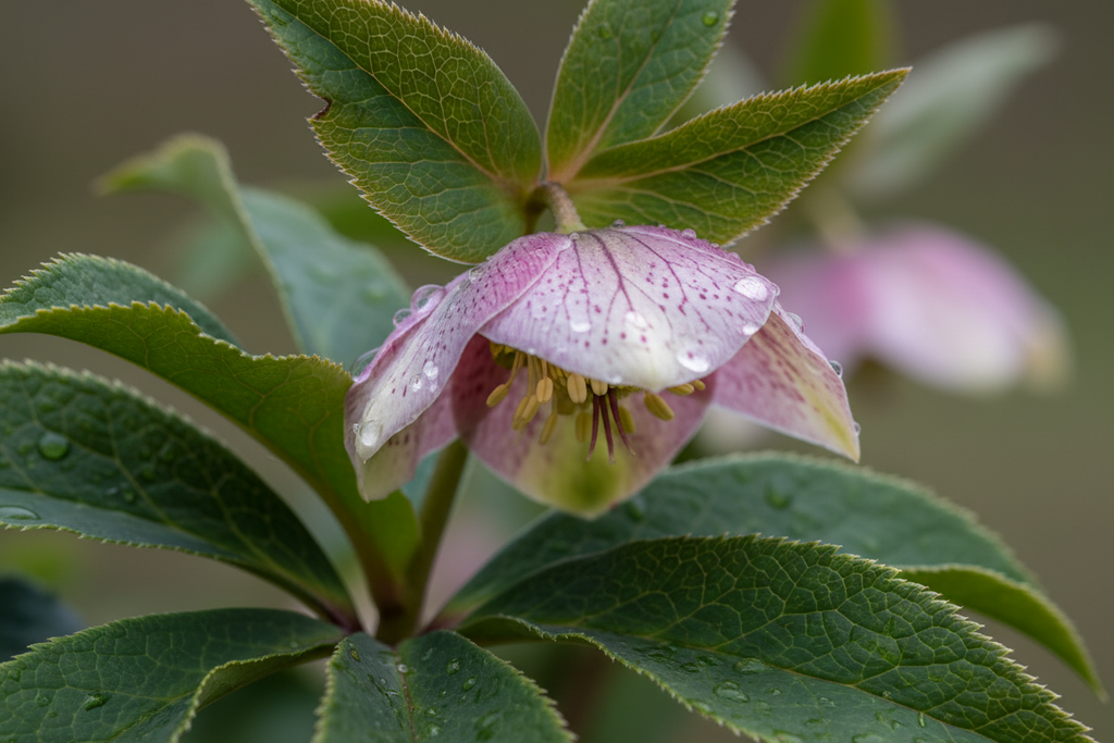 Hellebore flower and leathery leaf detail macro