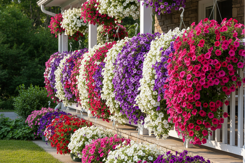 Hanging basket petunias creating waterfall effect on porch