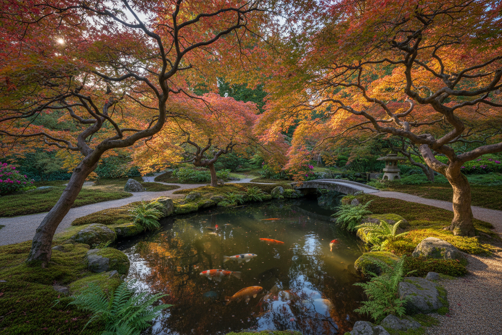 Japanese maples planted around koi pond with layered canopies