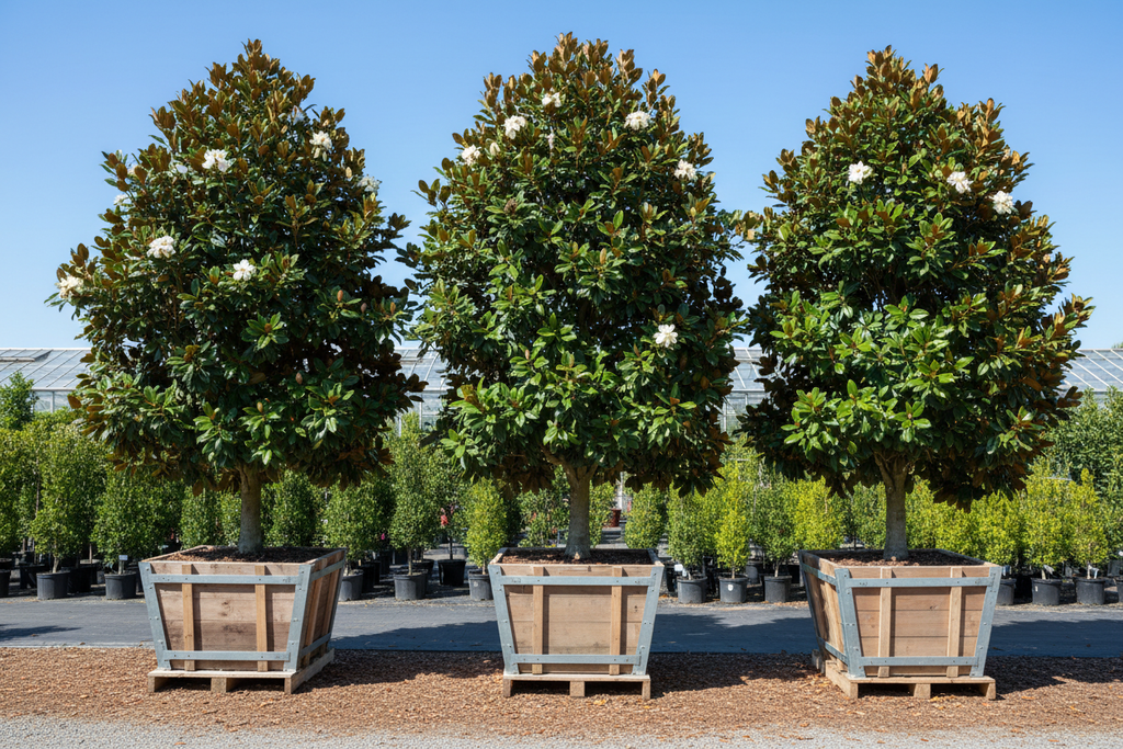 3 Little Gem Magnolia 48-inch box trees with glossy evergreen foliage