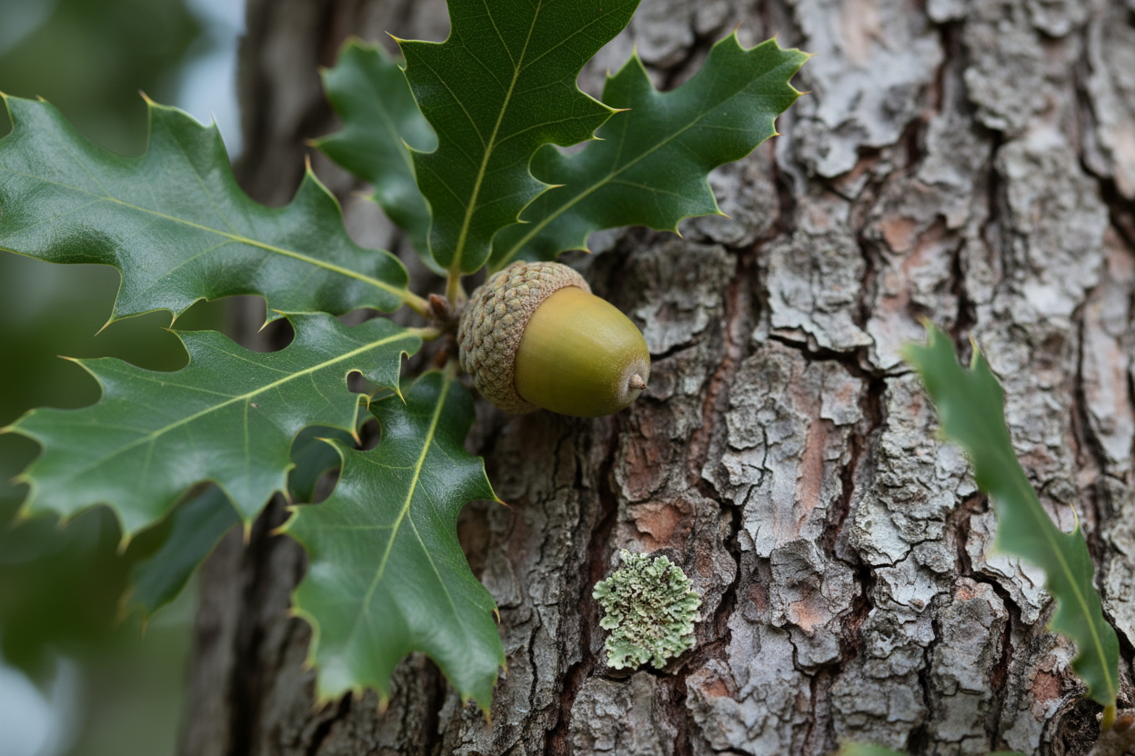Coast Live Oak acorn and holly-like leaf texture detail