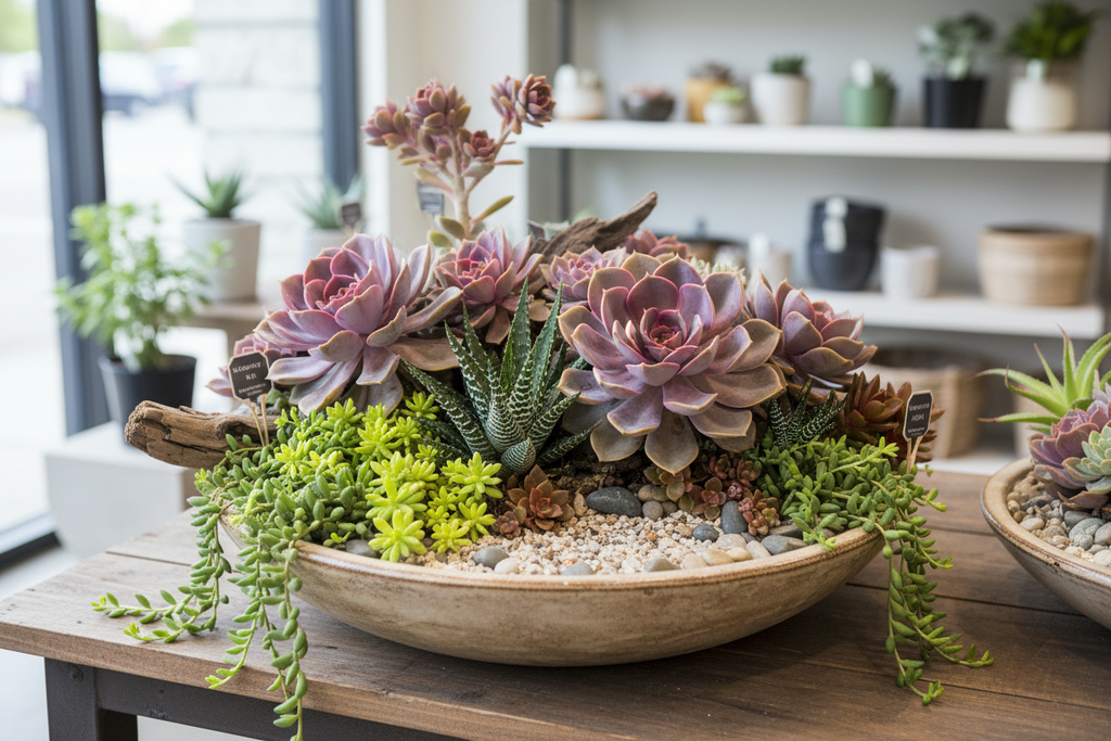 Succulent dish garden display with varied textures