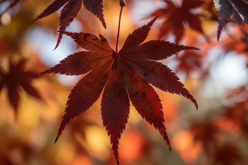 Bloodgood Japanese maple leaf close-up with crimson veining