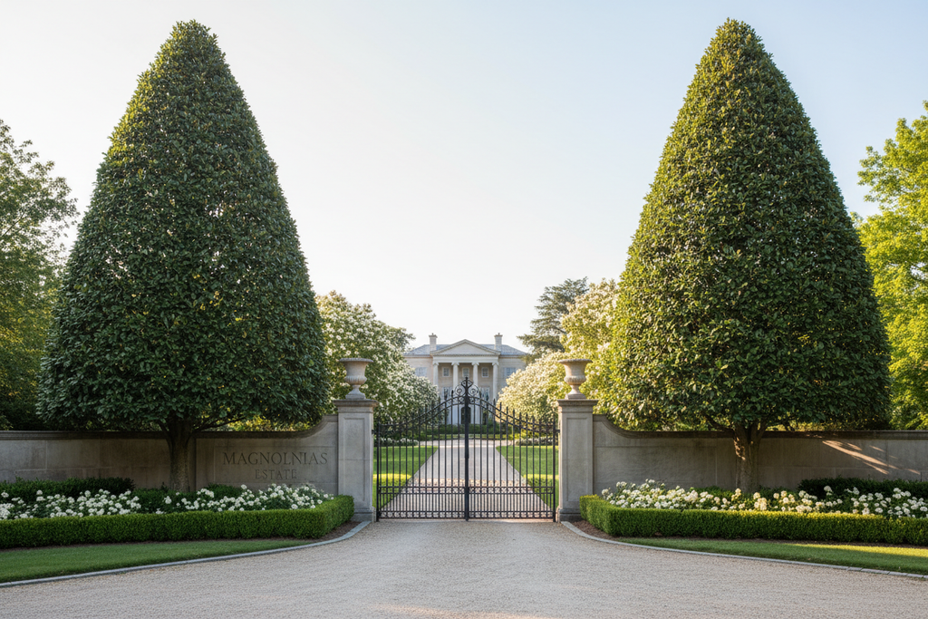 Magnolia trees flanking estate entrance as stately pyramids