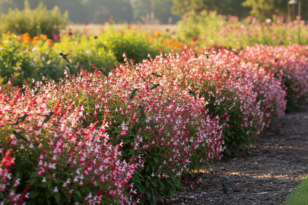 Salvia hedge with hummingbirds feeding in summer