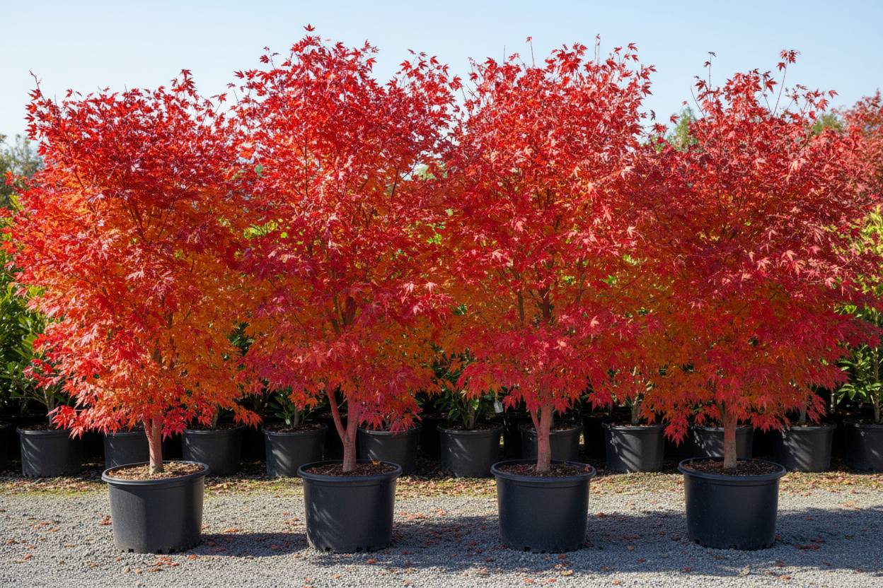 5 Japanese maple fifteen-gallon trees with vibrant fall red and coral bark