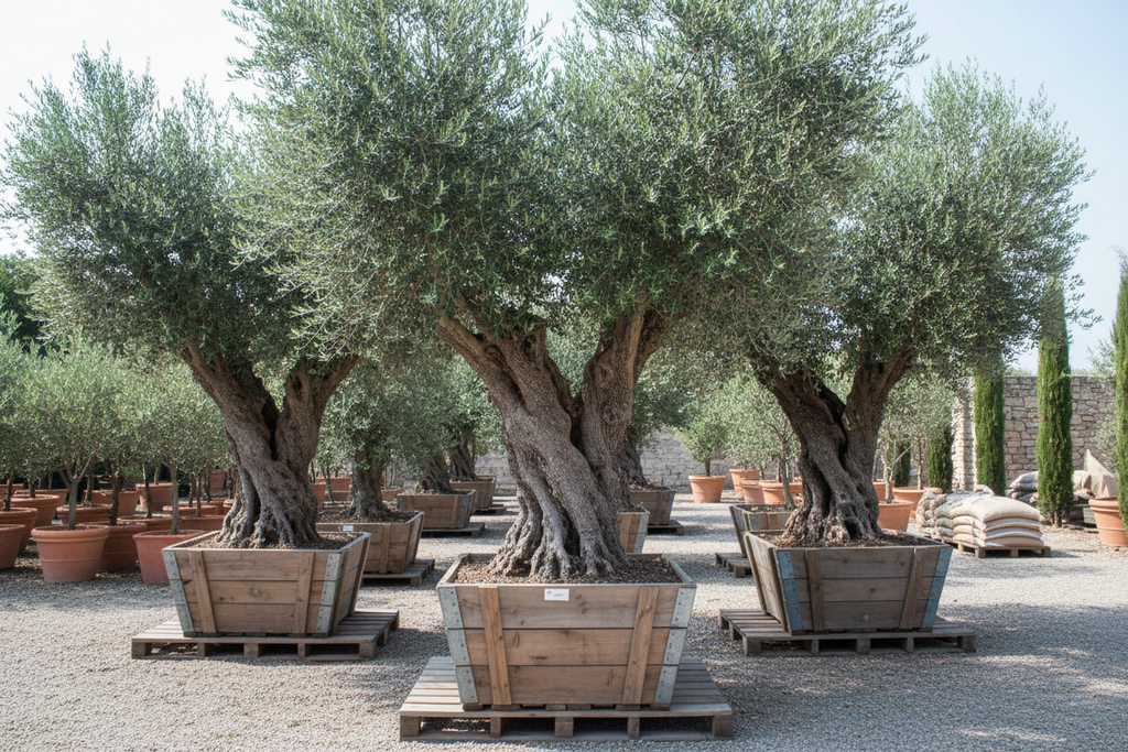3 fruitless Olive 36-inch box trees with gnarled trunks and silver foliage
