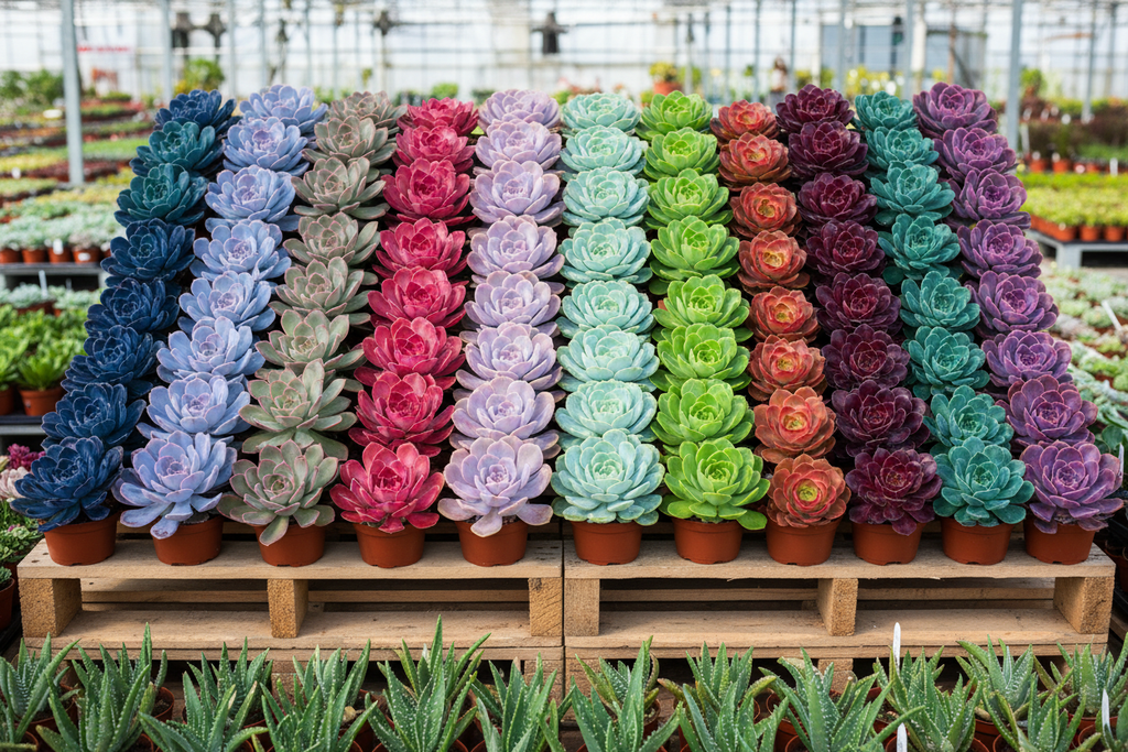 50 succulent four-inch plants with rainbow rosettes stacked on pallet