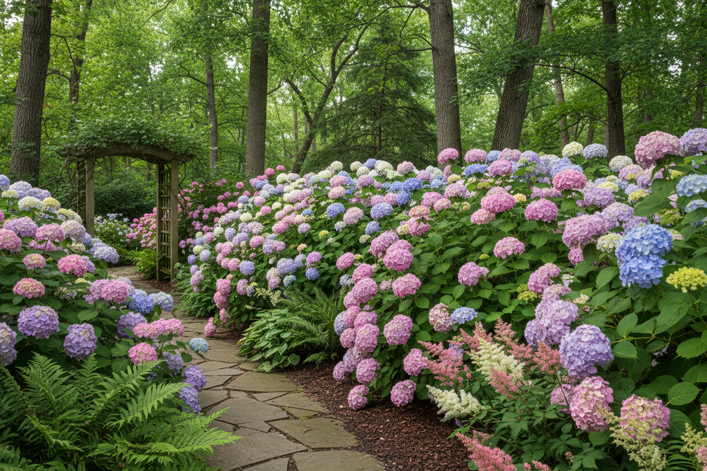 Hydrangea border in shade garden with summer profusion of blooms