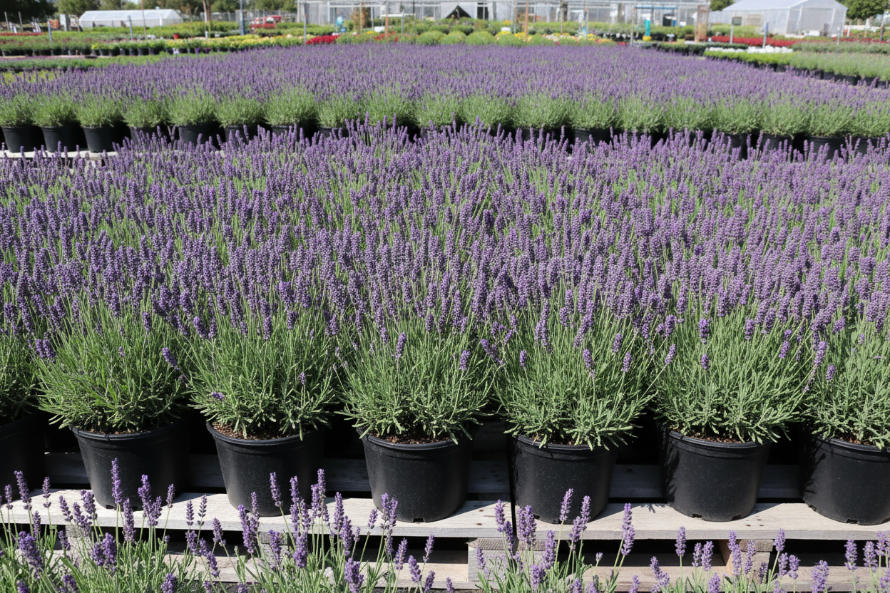 50 lavender one-gallon plants creating silver-purple sea on pallet
