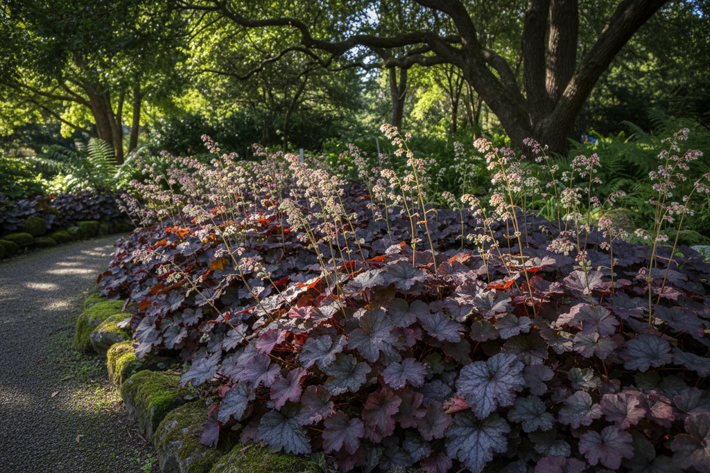 Heuchera border in shade garden with airy flower spikes