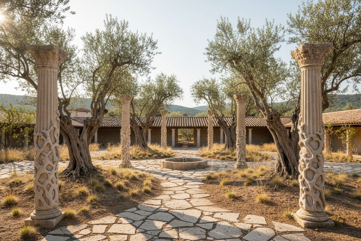 Olive grove in courtyard as drought landscape pillars