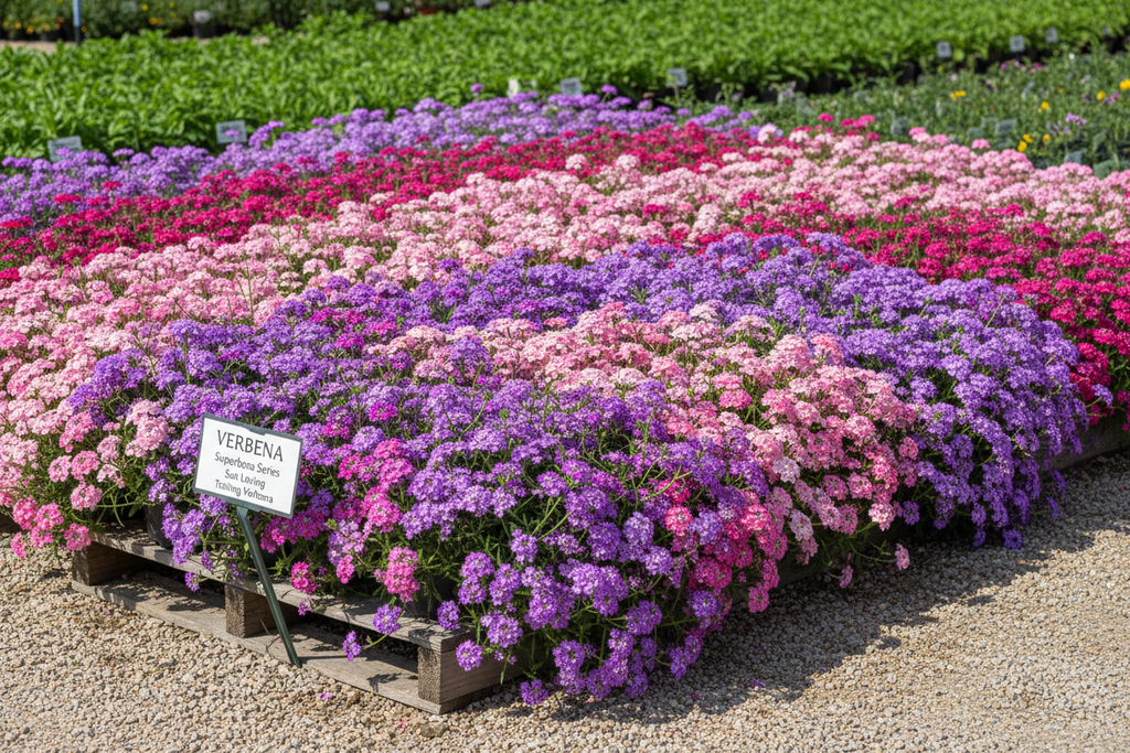 35 verbena quart plants creating purple and pink carpet