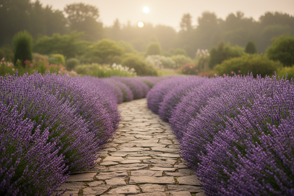 Winding garden path bordered by lavender at peak summer bloom