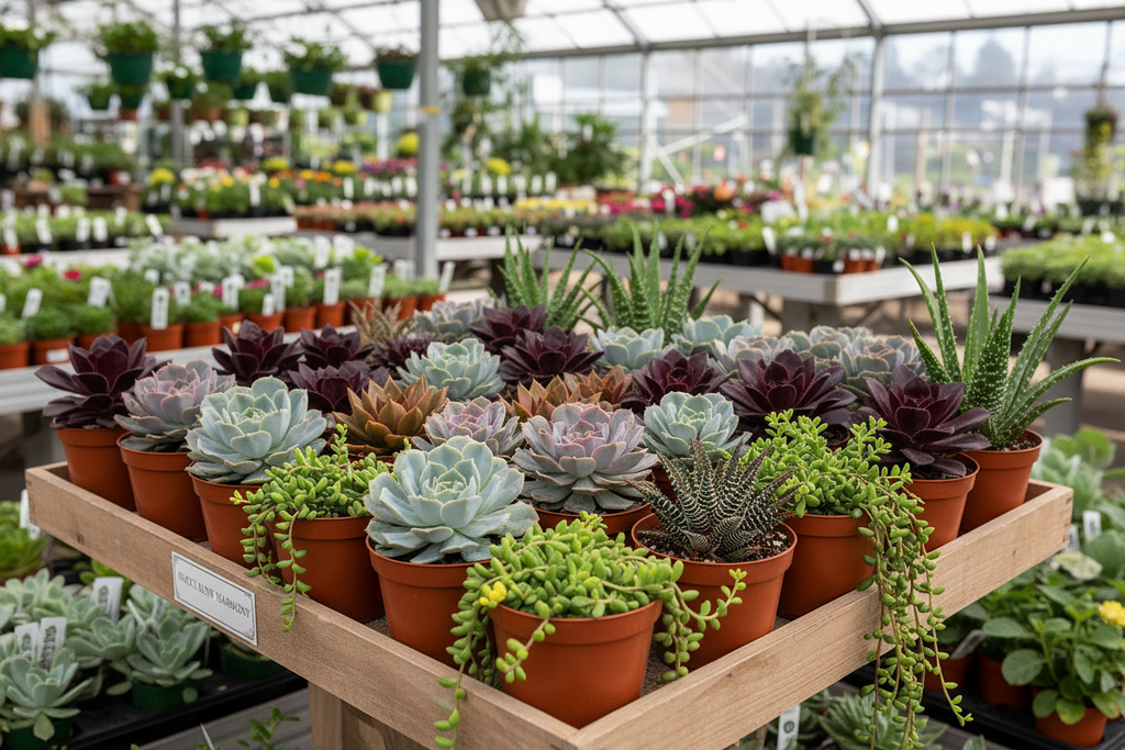 Succulent tray display at garden center with varied textures and colors