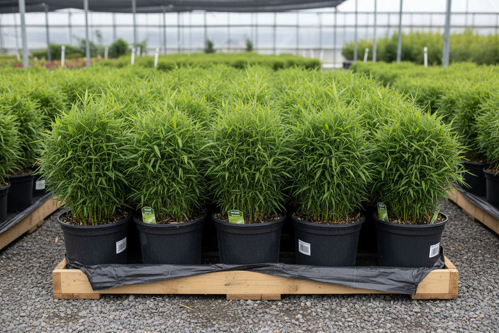 30 bamboo one-gallon plants on pallet with dense green foliage